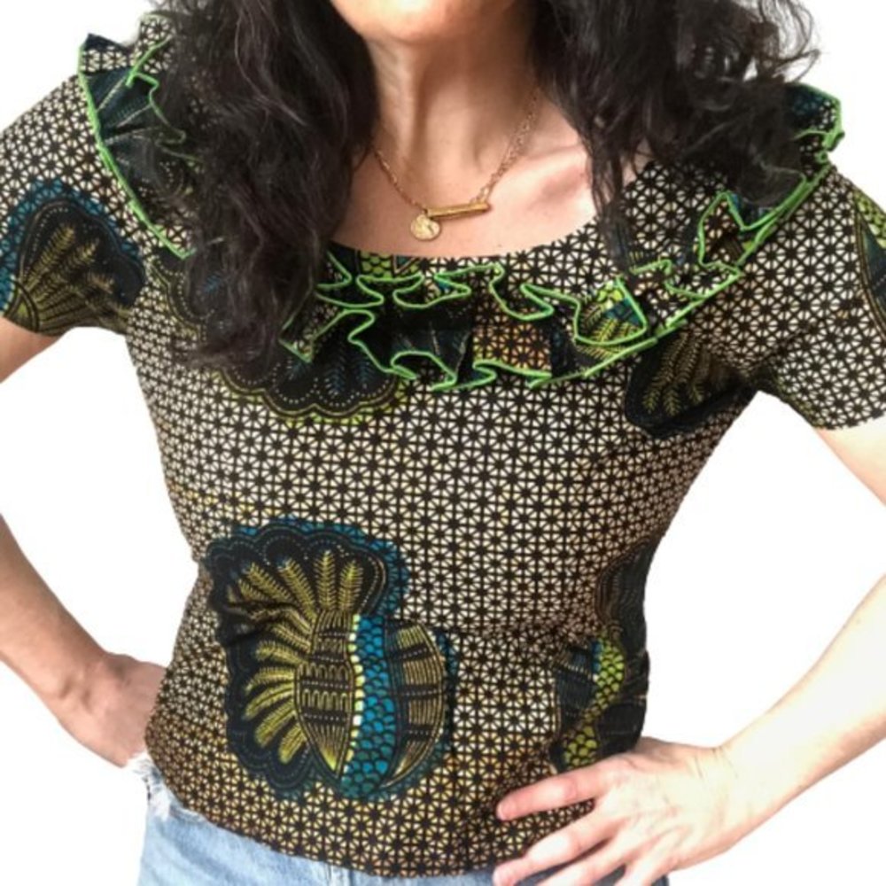 African Wax Print Ruffle Neck Short Sleeve Structured Handmade Blouse